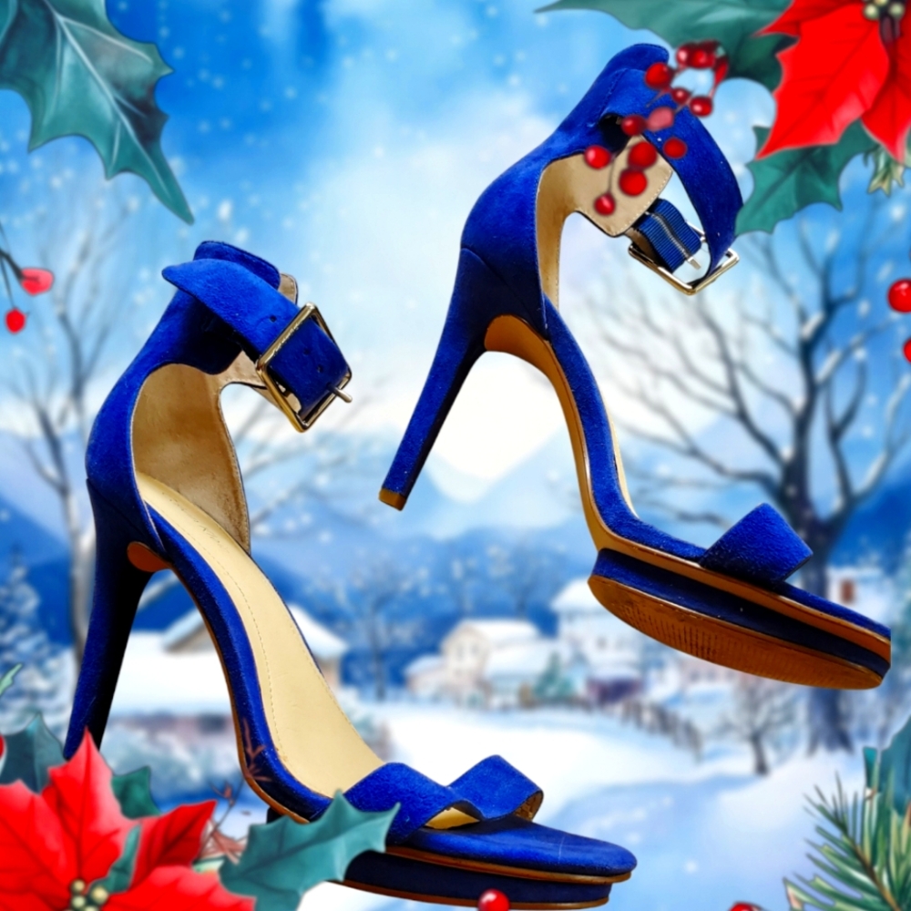 CALVIN KLEIN VIVIAN SUEDE BLUE STILETTO SANDALS ANKLE STRAP SIZE 8M IN IT'S BOX